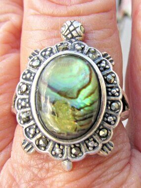 RJ Graziano Sterling Silver TURTLE Abalone Marcasite Vintage Ring Size 9